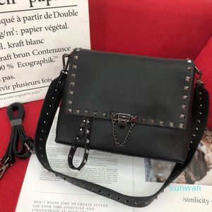 shoulder bag Retro rivet crossbody bags plain flap purse Grain cowhide leather Snap closure Removable wide strap handbag