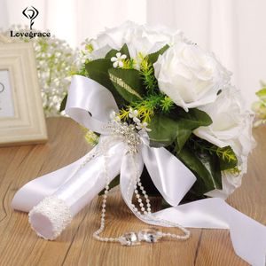 Fiori da sposa Bouquet da sposa bianco Rose artificiali per damigelle d'onore Accessori per matrimoni di perle