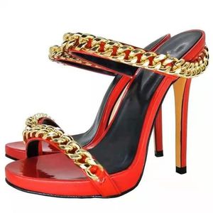Sapatos de vestido intenção original mulheres sandálias de moda cadeia de pé aberto salto fino super elegante mulher vermelha agradável