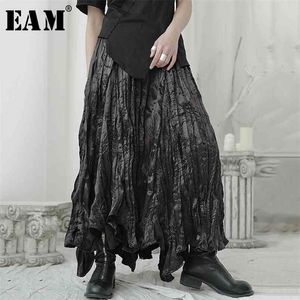 [EAM]高弾性ウエストブラックプリーツ不規則な長い気質半身スカート女性ファッション春秋1U965 210730