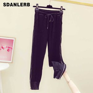 2021 Spring Autumn Sports Pants New Side Zipper Elastic-Waist Slim-Fit Pants Female Slimming Fashion Casual Cotton Long Pants Q0802