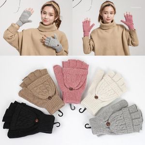 1Pair Kvinnors stickade handskar höst vinter varm flip mjuk halvfinger vantar 2021 mode kontor damer hand varmare1