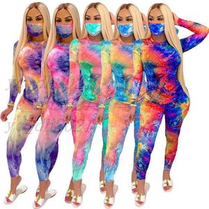 Frauen Trainingsanzüge Mode Tie Dye Zwei Stück Outfits Langarm Tops Hosen Maske Sets Damen Sportswear Herbst Casual Trainingsanzug