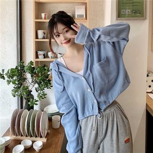 Autumn thin loose long sleeve solid color short cardigan sweater women's hooded top