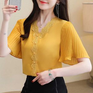 Weiße Sommerbluse, lockeres Chiffon-Hemd, ausgestellte Ärmel, Spitzenhemd mit V-Ausschnitt, lässige, solide Bluse, Übergröße S-3XL 14176 210527