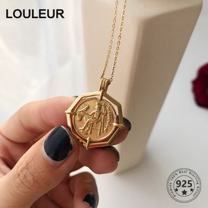 Louleur Golden 925 Sterling Silver Necklace Rome Retro Coin Pendant Necklace For Women Silver 925 Fine Jewelry Charms All-Match Q0531