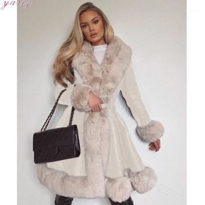 Kvinnors Fur Faux Kvinnor Vinter PU LeANTHER FUX Long Jacket V-Neck Slips Bälte Midja Lace-up Cardigan Sleeve Casual Warm Splicing Kvinnlig Coat1