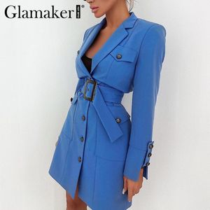 Glamaker Mavi Moda İlkbahar Yaz Mini Blazer Elbise Ofis Bayanlar Düğme Dekorasyon Ince Düz Seksi Elbise Ile Beltnew 210303