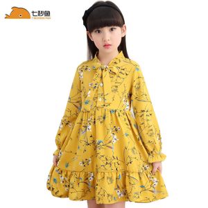 Kız Yaz Elbise Uzun Kollu Çocuk Giysileri Çiçek Elbiseler 3 5 8 10 12 Yıl Kız Vestidos Enfant Sarı Beyaz Kore Elbise Q0716