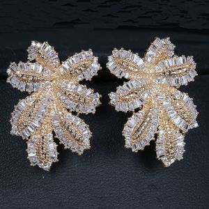 2021 Luxury Large Leaf Drop Flower Micro Cubic Zirconia Paved Naija Bröllopsfest Örhängen Kvinnor