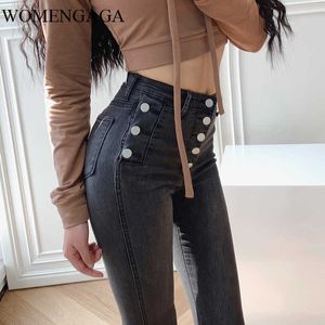 Womengaga Smoky Grey Jean's Tight High Paisted Elastyczne Czarne Małe Stopy Przycisk Dekoracji Dżinsowe Spodnie UIJZ 210603