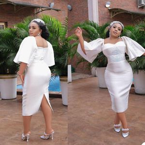 little white dress Plus Size Prom Dresses Scoop Neck Long Sleeve African Tea Length Party evening cocktail Club Wear gown Outfit