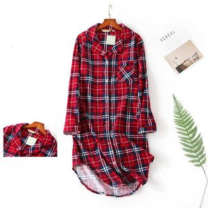 Shirt Sleepwear Women Sexy Plaid 100% Cotton Homewear Big Size Long Sleeve V-Neck Nightdress Fashion Clothes Vintage Pjs 210924