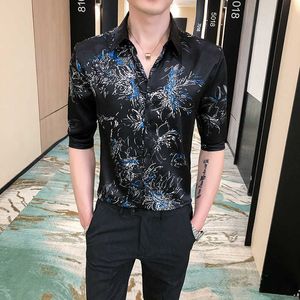 Summer Silk Mens Shirts Casual Slim Fit Half Sleeve Shirt Men Print Night Club Party Streetwear Social Camisa Masculina 210527