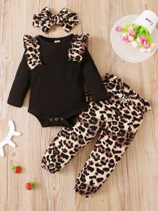 Bebê leopardo plissado guarnição bodysuit bow calças de calças de cabeça ela