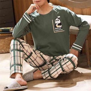 綿長袖パジャマ男性のためのセット男性かわいい緑の漫画男性の寝室の春の暖かいカジュアルな家の服の格子ズボン210812