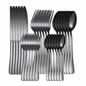 Svart bestick uppsättning gaffelsked knivbordsartiklar rostfritt stål Silver komplett 30st Kitchen Dinnerware 211112