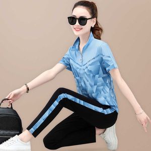 Artı Boyutu Kadınlar 2 Parça Set Yaz Yeni Moda Gevşek Mizaç Kısa Kollu Takım Elbise Pembe Mor Mavi Gri Giysileri Y0625
