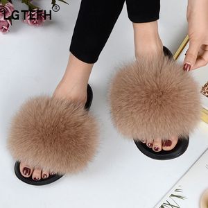 LGTEFH Fluffy Slippers Real Fox Fur Slides Furry Flat Sandals EVA Indoor Non-SlipLadies Summer Leather Shoes K722