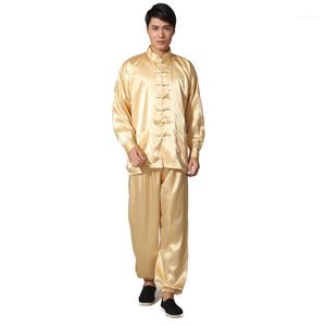 Abbigliamento da notte da uomo per la casa Simulazione abito Tai Chi in seta Tang set polsino con spalle scoperte fibbia pantaloni elastici pigiama vestiti da prestazione
