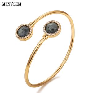 Shinygem Vintage Round Labradorite Stone Open Cuff Bangles Braccialetti con ciondoli in zirconi scintillanti regolabili dorati per donna Q0717