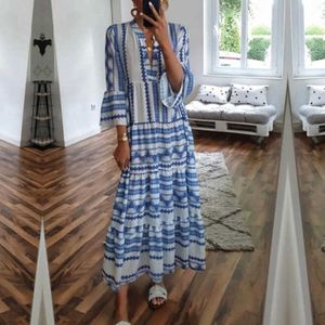 Maxi Dress Woman Geometric Print Autumn Long Dress Bohemian V Neck Boho Long Sleeve Beach Dresses for Women 2021 Party Sundress Y1006