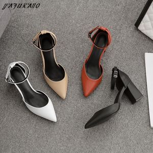 Simple Elegant Party High Heels Square Heel Pointed Toe Women Single Shoe Casual All-Match Pumps White Mid Hollow Female Sandals
