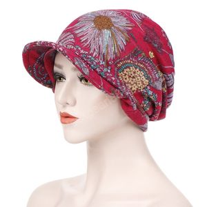 Moda Donna Cotone con stampa floreale Mantieni caldo Inverno Berretto con visiera avaro Turbante Cappello con visiera Turbante mujer