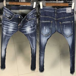 Italienska mode män jeans högkvalitativa retro mörkblå elastisk smal passform ripped streetwear vintage designer denim byxor