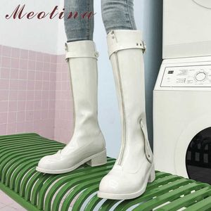 Meotina Knee High Boots Women Shoes Buckle Genuine Leather Thick Heels Lady Boots Zip Mid Heel Long Boots Autumn Winter Blue 42 210608