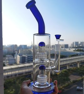 Narghilè a doppia cupola Bong in vetro Filtro a ruota Perc da 13 pollici Blu o colore personalizzato con ciotola da 14 mm Birdcage Percolatore Splash Guard Tubi dell'acqua