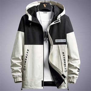 Vår Höst Män Windbreaker Jacket Streetwear Black Khaki Patchwork Ytterkläder Hooded Coat Man Stor Storlek Casual Jackor 8xL 211214