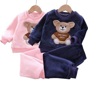 Pigiama di flanella cardigan spesso in pile corallo per bambini autunno inverno ragazzo e ragazza cartone animato servizio a domicilio vestito 2 pezzi 210309