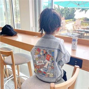 Fashion Baby Girls Blue Tooling Denim Jacket for Children Autumn Clothes Boys Cartoon Print Coat Outwear 211204