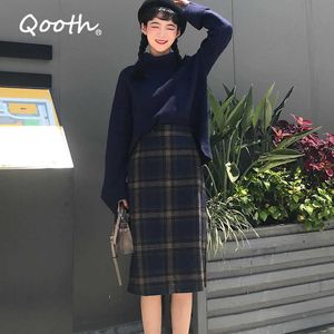 Qooth Autunno Inverno Elegante Donna A Line Gonne da ufficio Vita impero Plaid di lana Donna Lunghezza al ginocchio Plus Size 2XL QT087 210609