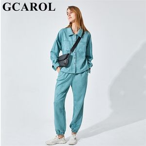 GCarol Mulheres Tracksuits jaqueta de veludo e calças cair ombro revestimento de grandes dimensões Único-breasted cintura elástica macacão de carga M, L 211105