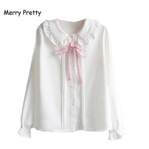 Wesoły ładne kobiety bluzki dziewczęta jesień z długim rękawem Peter Pan Collar Pink Bowknot Biała Szyfonowa Bluzka Koszula School Uniform Top 210708