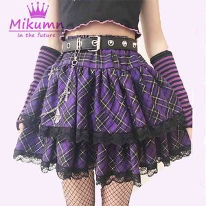 Japanska Harajuku Flickor Lila Plaid Pläterade kjolar Gotiska Punk Sweet Lolita Cake Mini Skirt Ball Gown Women Kawaii Short 210629