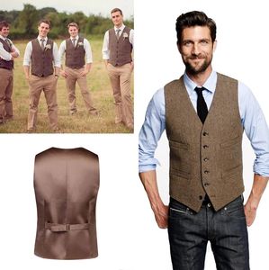 Skräddarsydd Bröllop Tuxedos Waistcoat Vintage Brown Tweed Vest Wool Herringbone Groom Västar Brittiska Stil Män Passar Slim Fit Mans