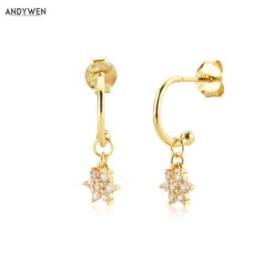 Andywen 925 Sterling Silver Gold 8.5mm Daisy Örhängen Vit Drop Earring Loops Piercing Pendiente Luxury Smycken Clips Gift 210608