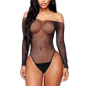 Camisola Mulheres Sexy Sparkle Sparkle BodySuit Fishnet Manga Longa Off Ombro Uma Peça Sheer Malha Tops Bodysuit Re80877 Y0927