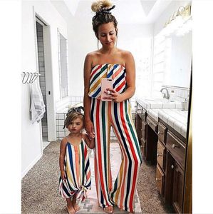 Aile Eşleşen Kıyafetler Anne ve Ben Giysiler Kızlar Elbise Stripe Sleeless Bandeau Rompers Anne Kızı Elbiseler Leydi Çocuk Giysileri