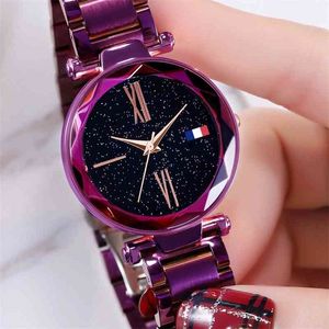 Högkvalitativ Japan Quartz Rörelse Kvinnor Ljus Lila Rostfritt Stål Magnet Mesh Band Flash Ring Ladies Watch Drop 210527