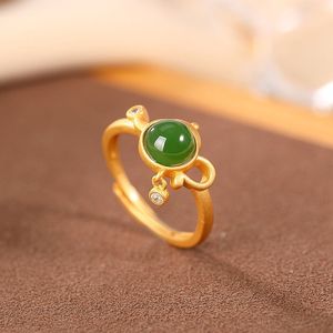 Oryginalny Naturalny Hetan Jade Jasper Otwarcie Regulowany Pierścień Elegancki Urok Kreatywny Retro Kobiet Silver Fine Jewelry K0073