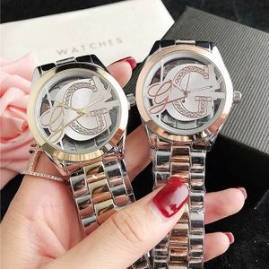 Brand Watches Women Girl Crystal Triangle Hollow Out Big Letters Style Metal Steel Band Quartz Wrist Watch GS40