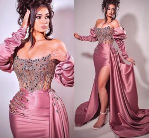 2022 Plus Size Arabski ASO EBI Mermaid Zroszony Kryształy Prom Dresses Koronki Długie Rękawy Wieczór Formalna Party Druga Recepcja Suknia Suknia ZJ120