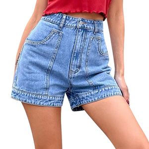Women's Shorts 2021 Women Summer Solid Color High Waist Cuffed Stretch Elastic Wide Leg Pocket Short Jeans Denim S-2xl