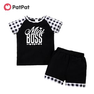 Chegada verão 2 pcs toddler menino de manga curta carta de algodão xadrez toddler sets roupas infantis 210528