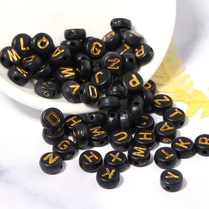 500pcs/lot Dia.7mm Black Gold Spacer Charm Beads Acrylic Letter Bead A - Z Alphabet 1.4mm hole For Diy Bracelet Necklace Making