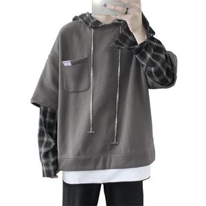 Hip Hop Fake Two Piece Oversized Plaid Hoodie Korean Kläder Kpop Fashion Sweatshirt Man Ulzzang Streetwear